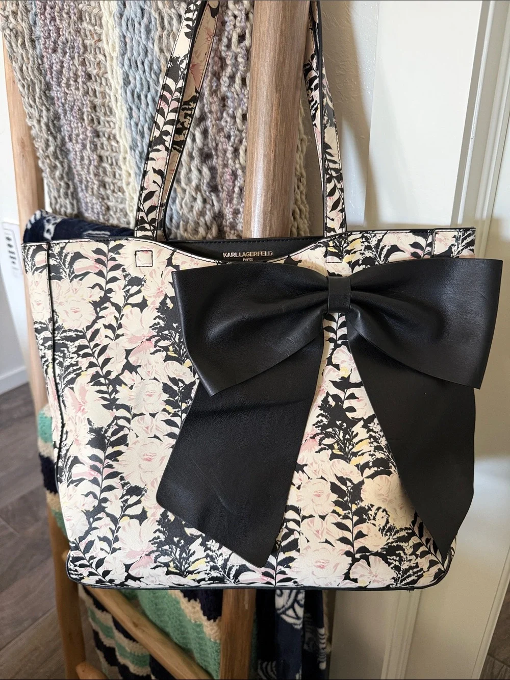 Karl Lagerfeld Black and Pink Floral Tote with Signature Bow